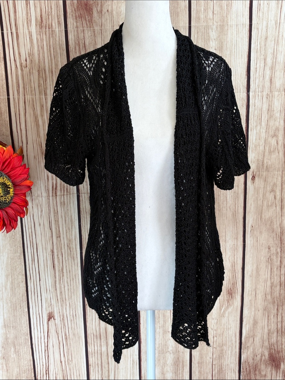 Lauren Michelle Black Open-Knit Short Sleeve Cardigan Sweater Size Medium